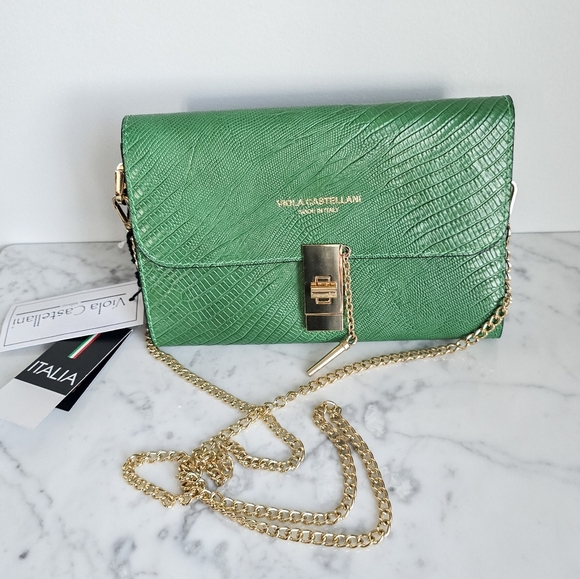 Viola Castellani, New, Emerald Green Italian Leather Embossed Crossbody Bag - Picture 1 of 10